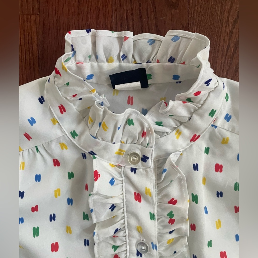 Vintage 1980s ruffle front and high neck button up blouse rainbow large XL